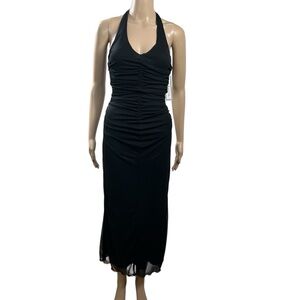 La Belle Black Halter Midi Dress with ruching Sz S NWT, but has snags.